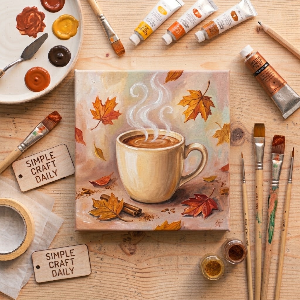 Cinnamon latte painting with steam curls and falling autumn leaves