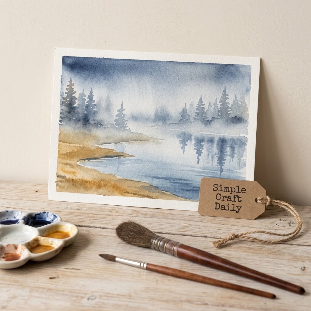 Foggy lake scene with layered pines and softly pulled watercolor reflections.