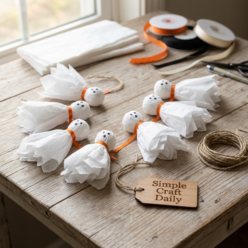 White tissue tassel ghost garland with orange ribbon necks