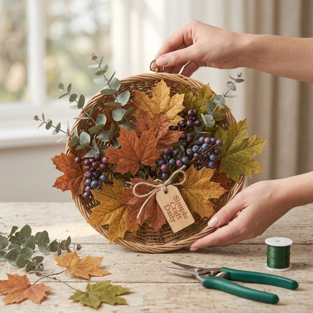 Woven wall basket filled with maple leaves eucalyptus and berry picks