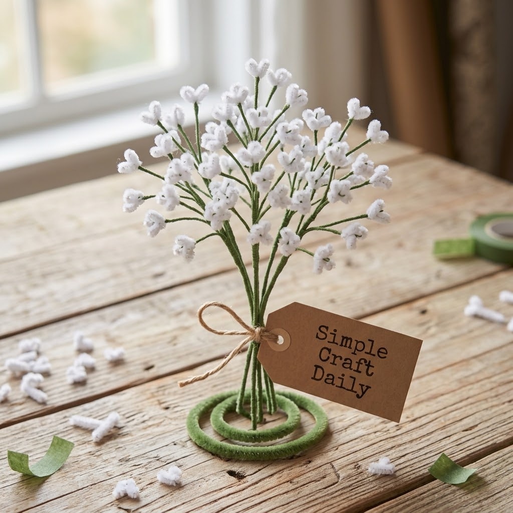 Tiny white chenille baby's breath flowers on branching green stems