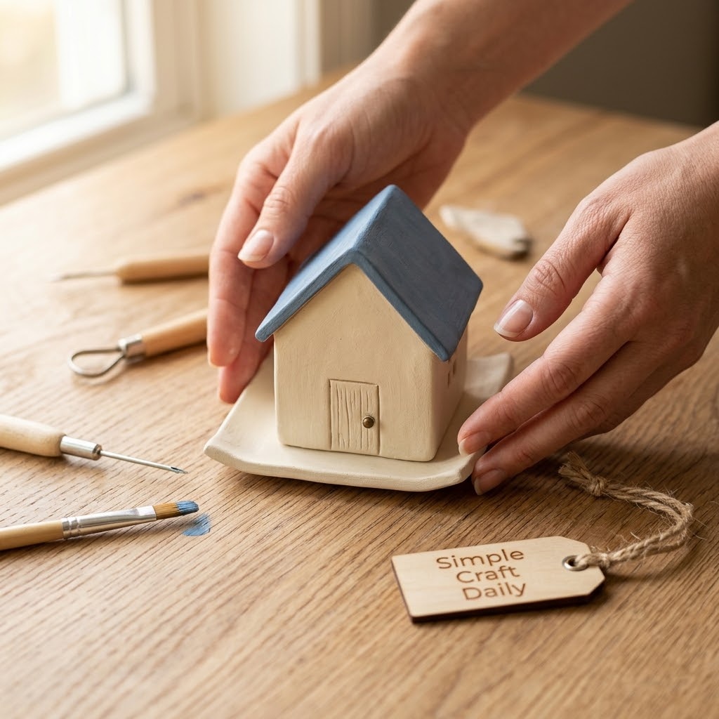 Miniature ivory clay house dish with muted blue roof