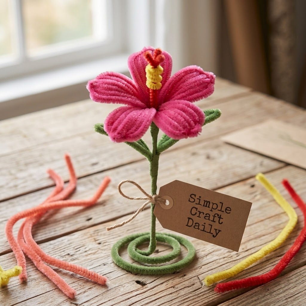 Coral DIY pipe cleaner flowers shaped as tropical hibiscus blooms