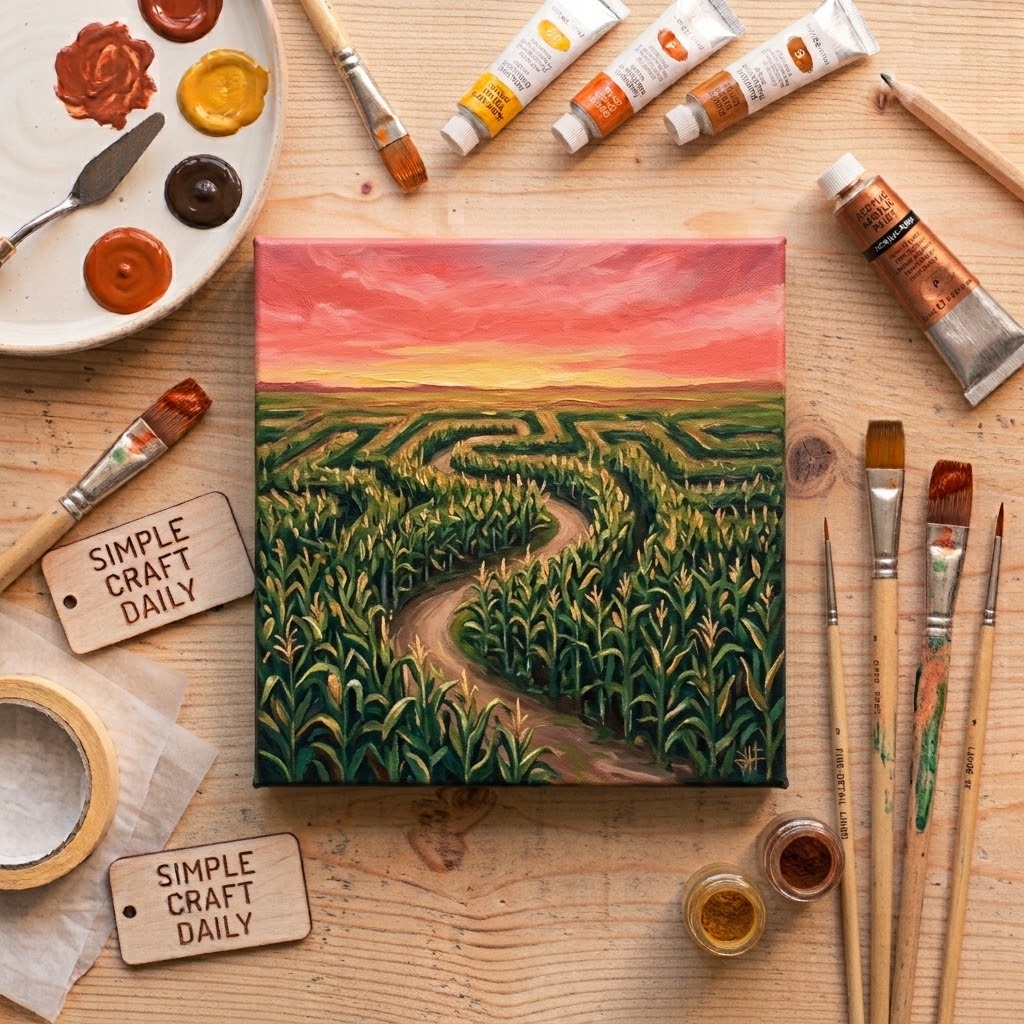 DIY fall canvas paintings corn maze path beneath a coral sunset