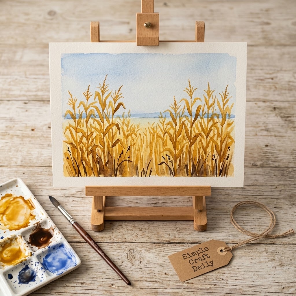 DIY autumn watercolor ideas with golden corn stalks beneath a pale blue horizon.