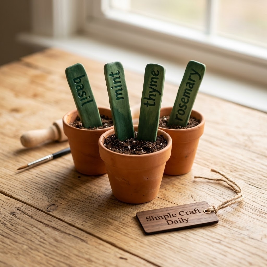 Hand-painted clay herb markers labeled basil mint thyme and rosemary