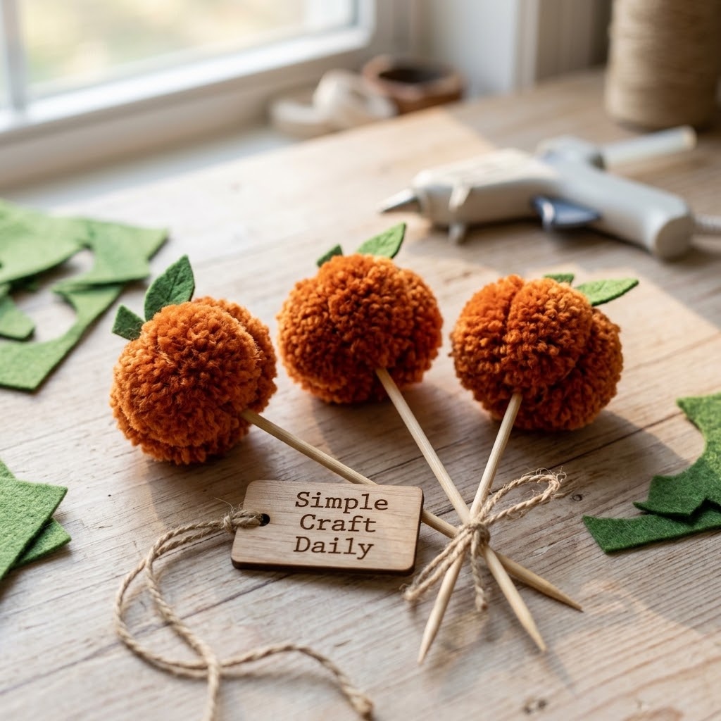 Orange pom-pom pumpkin picks with green felt leaves