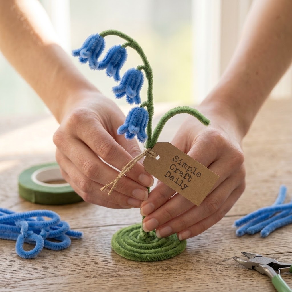 Blue chenille bluebell flowers arranged on a gently curved green stem
