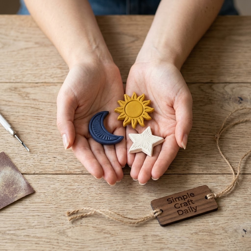 Moon sun and star clay pocket tokens in indigo mustard and ivory