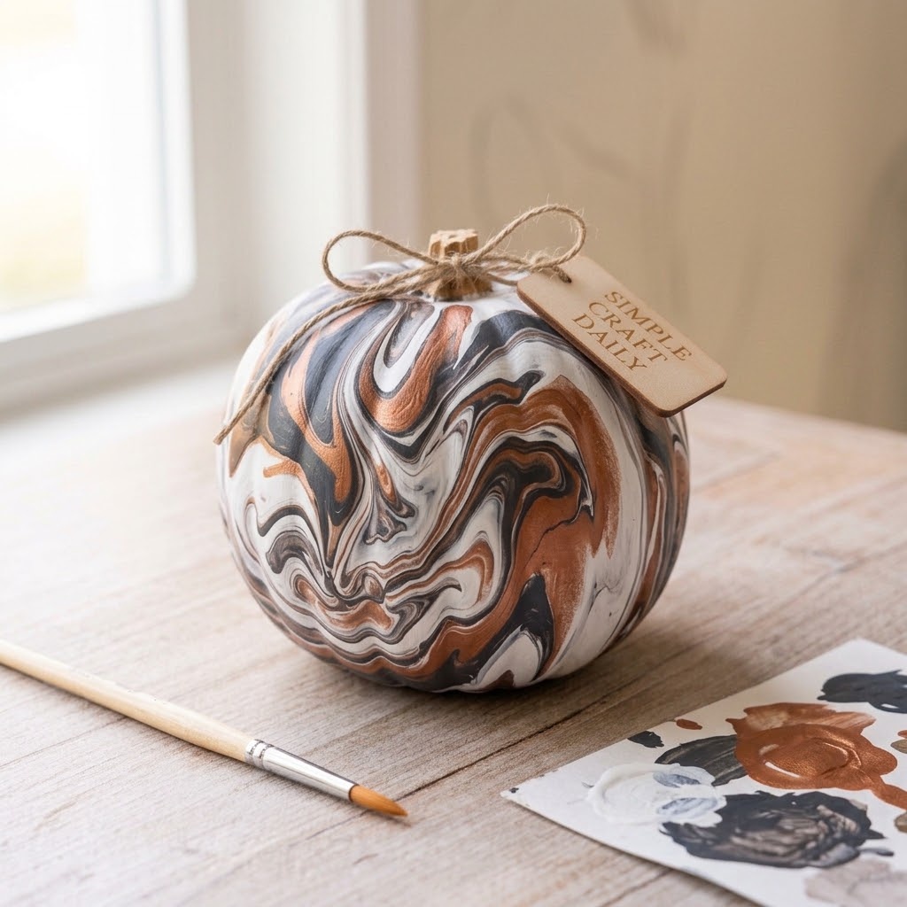 Pumpkin painting ideas with white charcoal and copper marble swirls