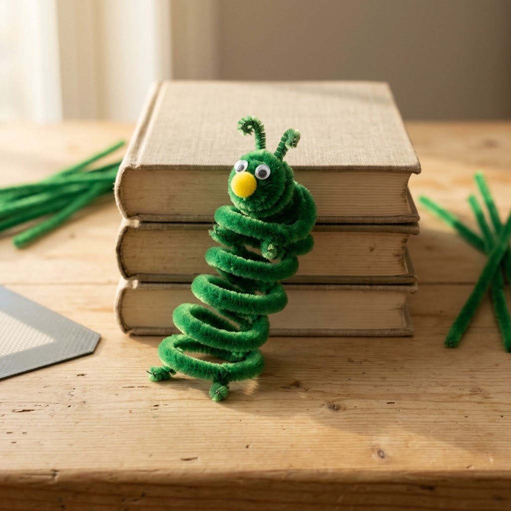 Green chenille caterpillar with five coils, curled antennae, and yellow pom-pom nose