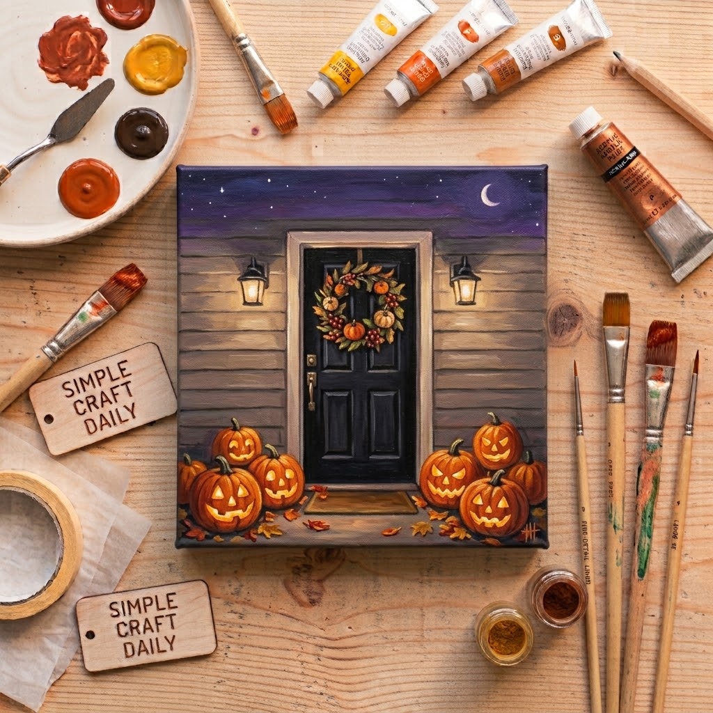 DIY fall canvas paintings Halloween porch with glowing pumpkins