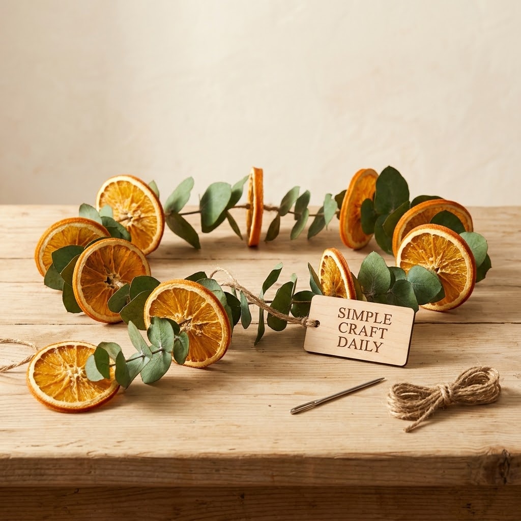 Dried orange slice and eucalyptus garland on warm wood