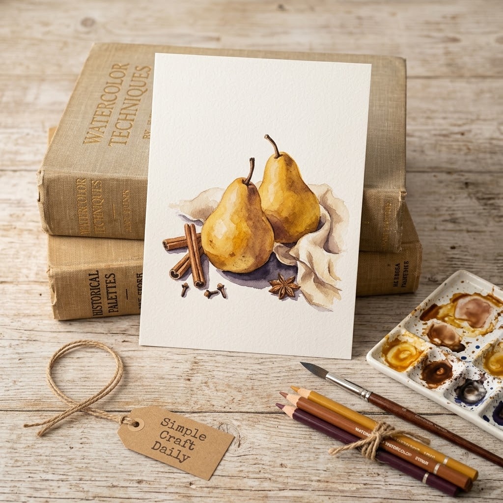 Two ochre pears and cinnamon sticks in a warm handmade watercolor still life.