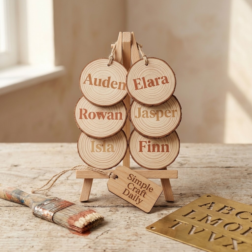 Stenciled wood slice place cards in terracotta and cream paint