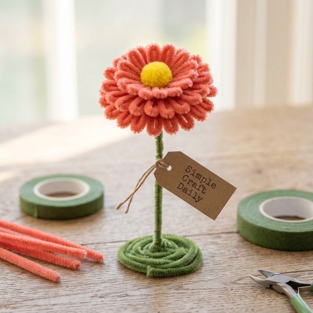 Coral DIY pipe cleaner flowers made as layered zinnias with yellow centers