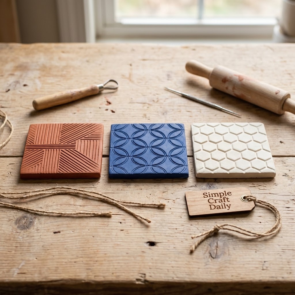 Terracotta cobalt and cream geometric textured clay wall tiles