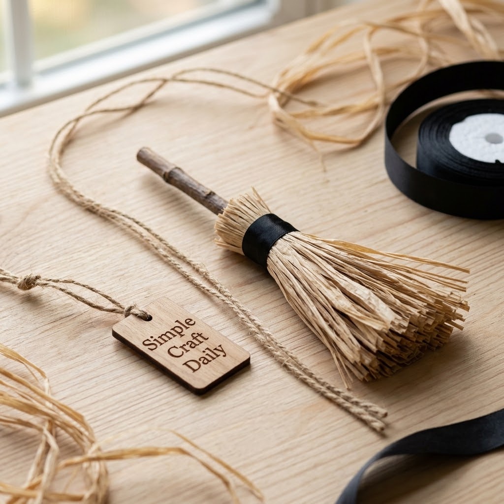 Mini natural raffia broomstick wall accent with black ribbon