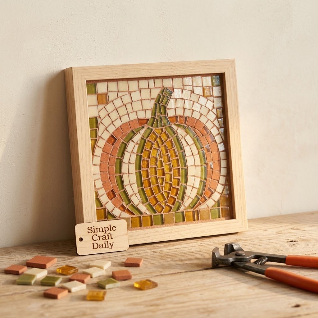 DIY fall decor framed mosaic pumpkin in terracotta cream and olive tiles
