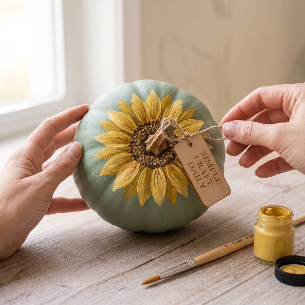 Sage pumpkin painted with a yellow sunflower and textured brown center