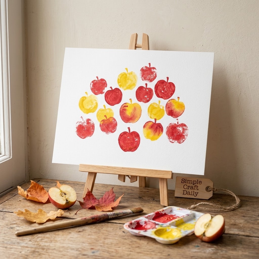 Fall crafts for kindergarten apple stamp orchard with bright painted fruit