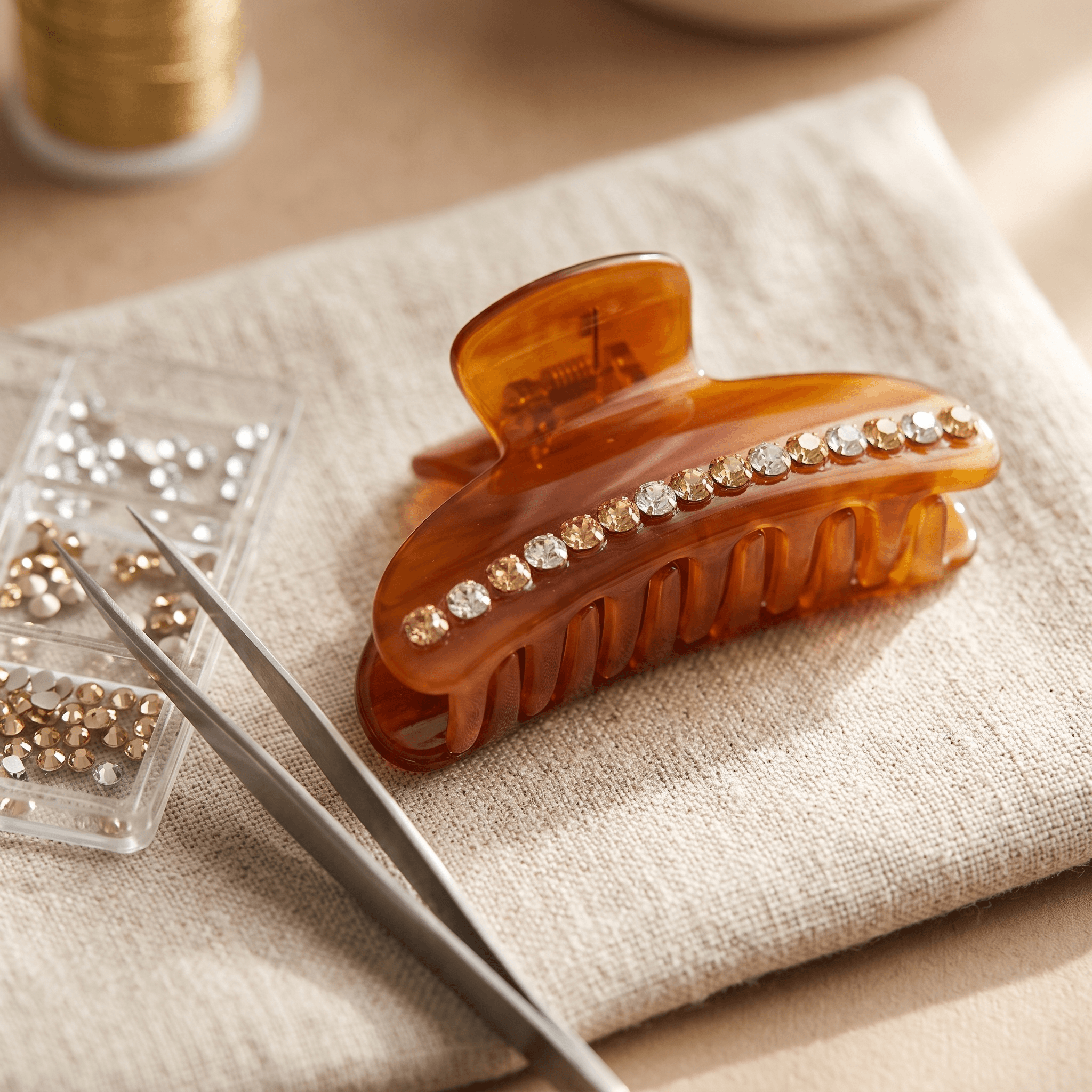 Tortoiseshell hair claw clip embellished with a line of rhinestones resting on linen.