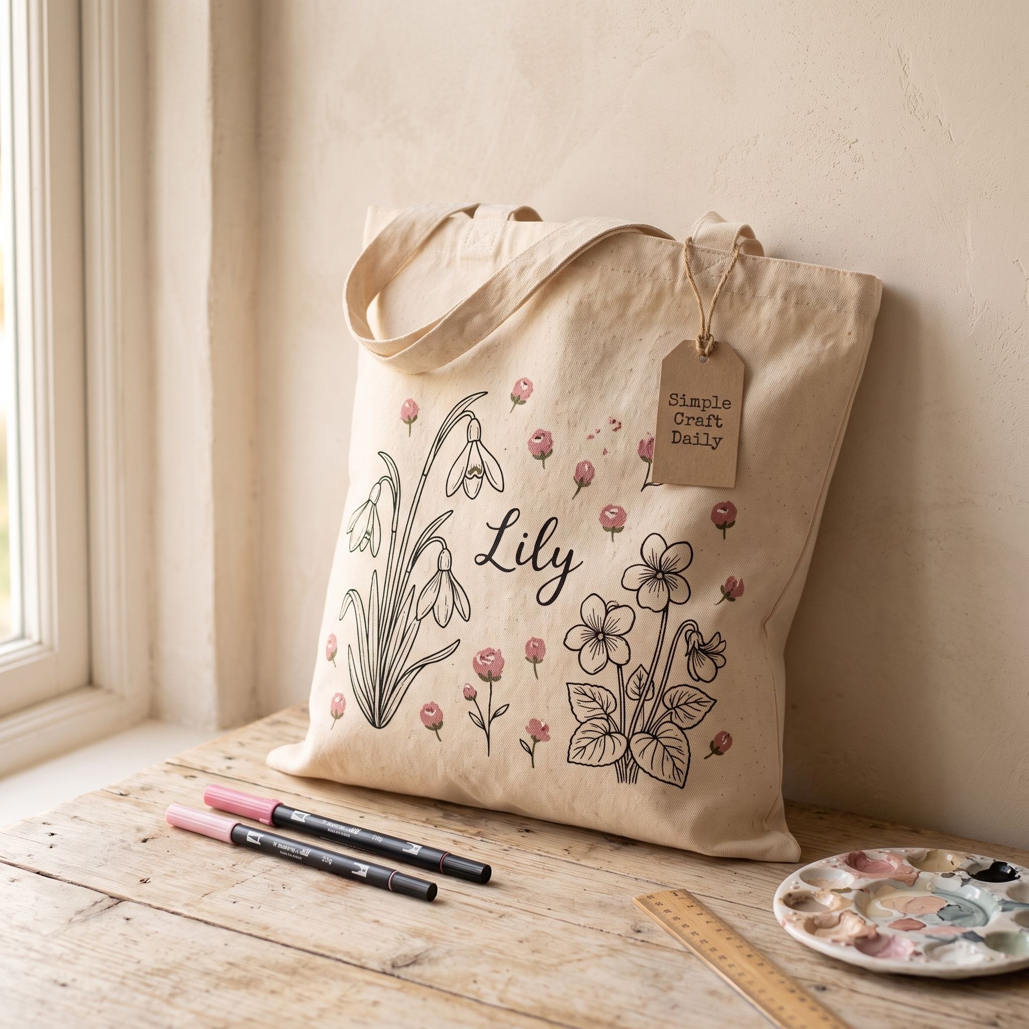 DIY Personalized Tote Bags custom canvas tote bag with birth-flower line art and a handwritten name