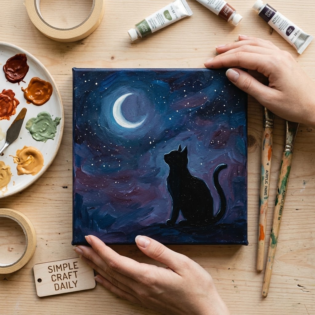 DIY fall canvas paintings black cat beneath a crescent moon