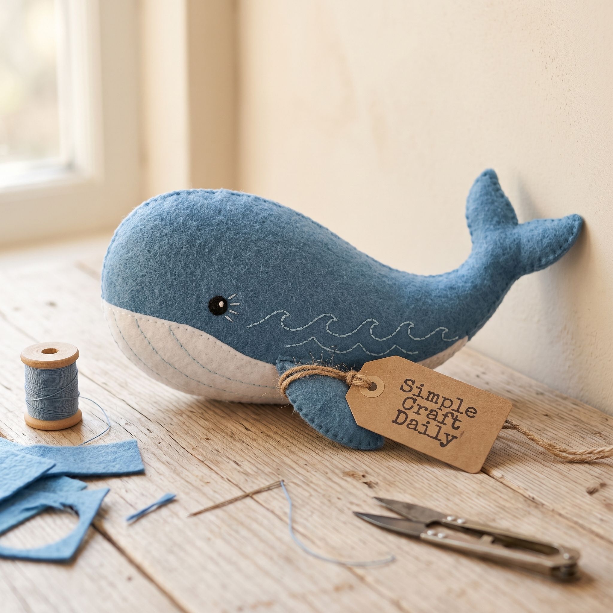 DIY Handmade Stuffed Animals blue felt whale with white belly applique and stitched waves