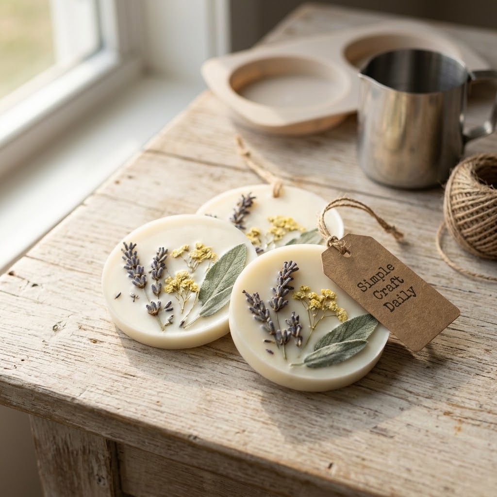 Botanical DIY decor soy wax sachets with pressed lavender and small yellow flowers