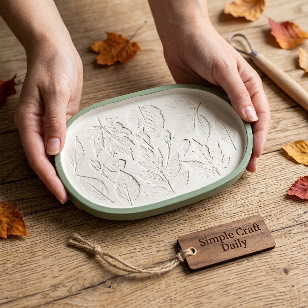 Easy air dry clay crafts botanical trinket tray with leaf impressions and sage rim