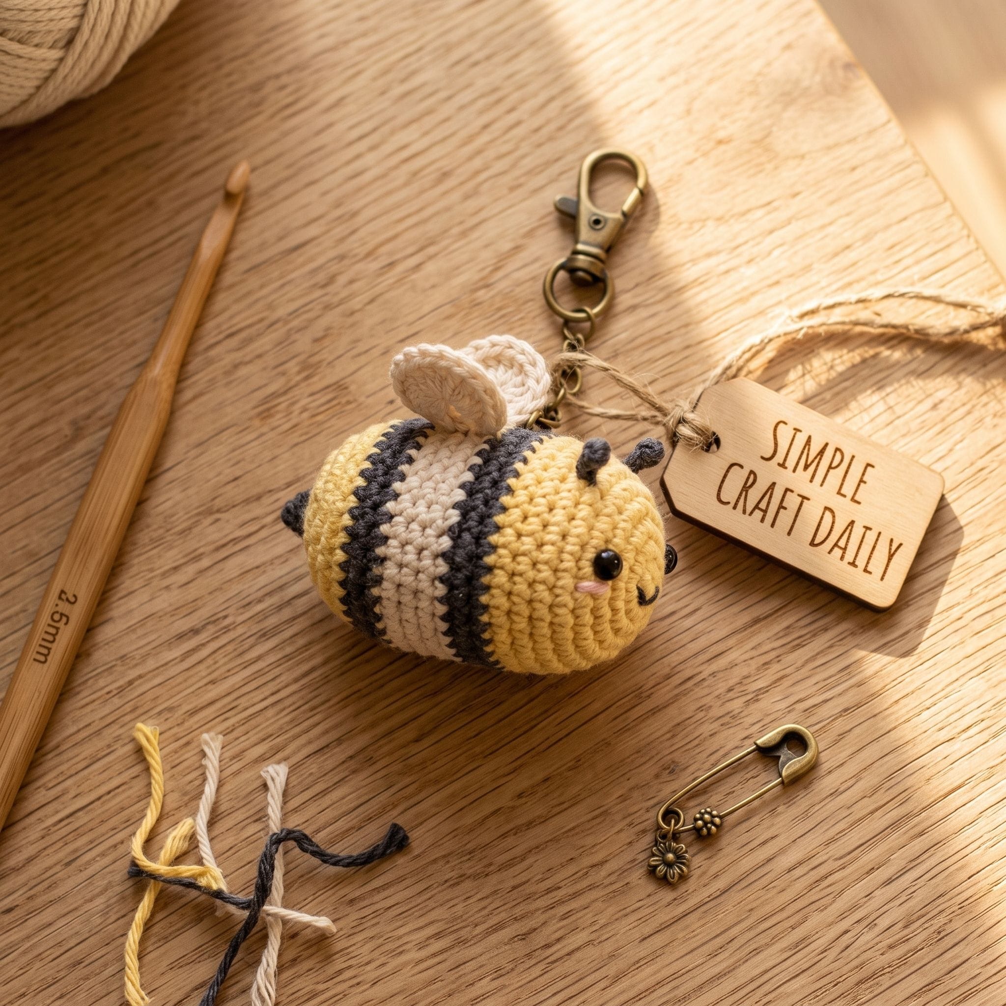 Yellow and charcoal bumblebee DIY crochet keychain with small cream wings and brass clasp