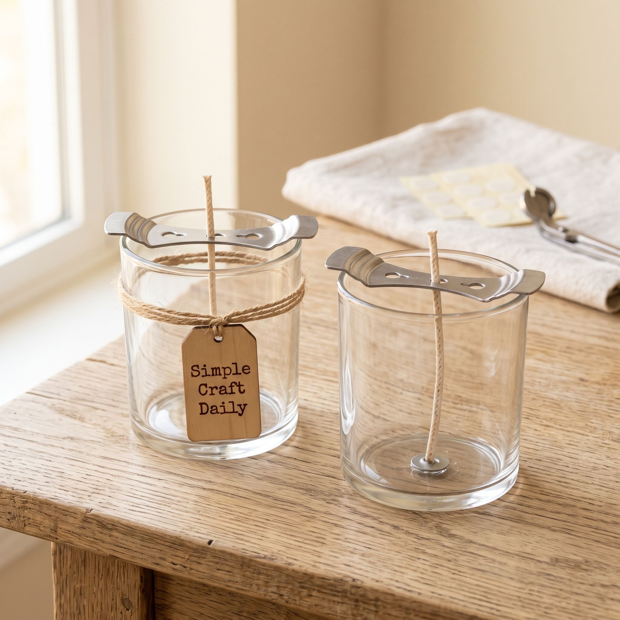 Straight-sided glass candle jars prepared with centered cotton wicks and metal wick bars