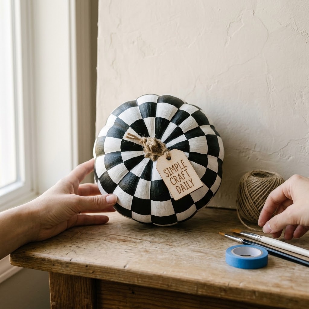 Pumpkin painting ideas with a crisp black and white checkerboard pattern
