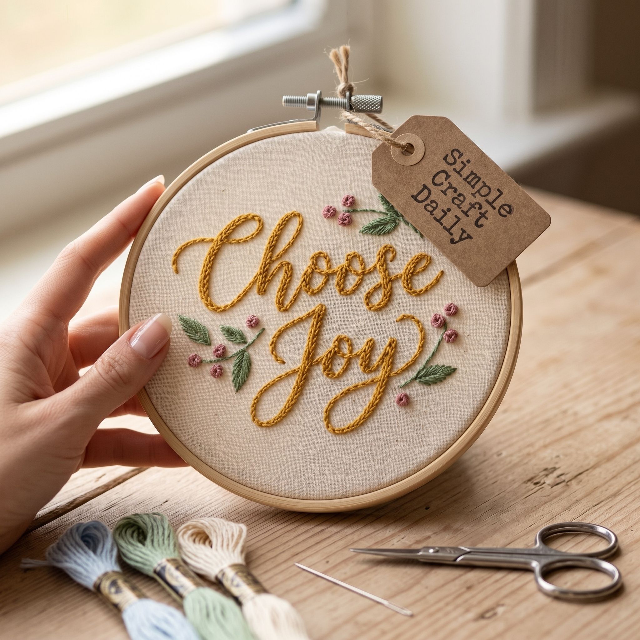 DIY embroidered wall art featuring Choose Joy chain-stitch script in a pastel hoop