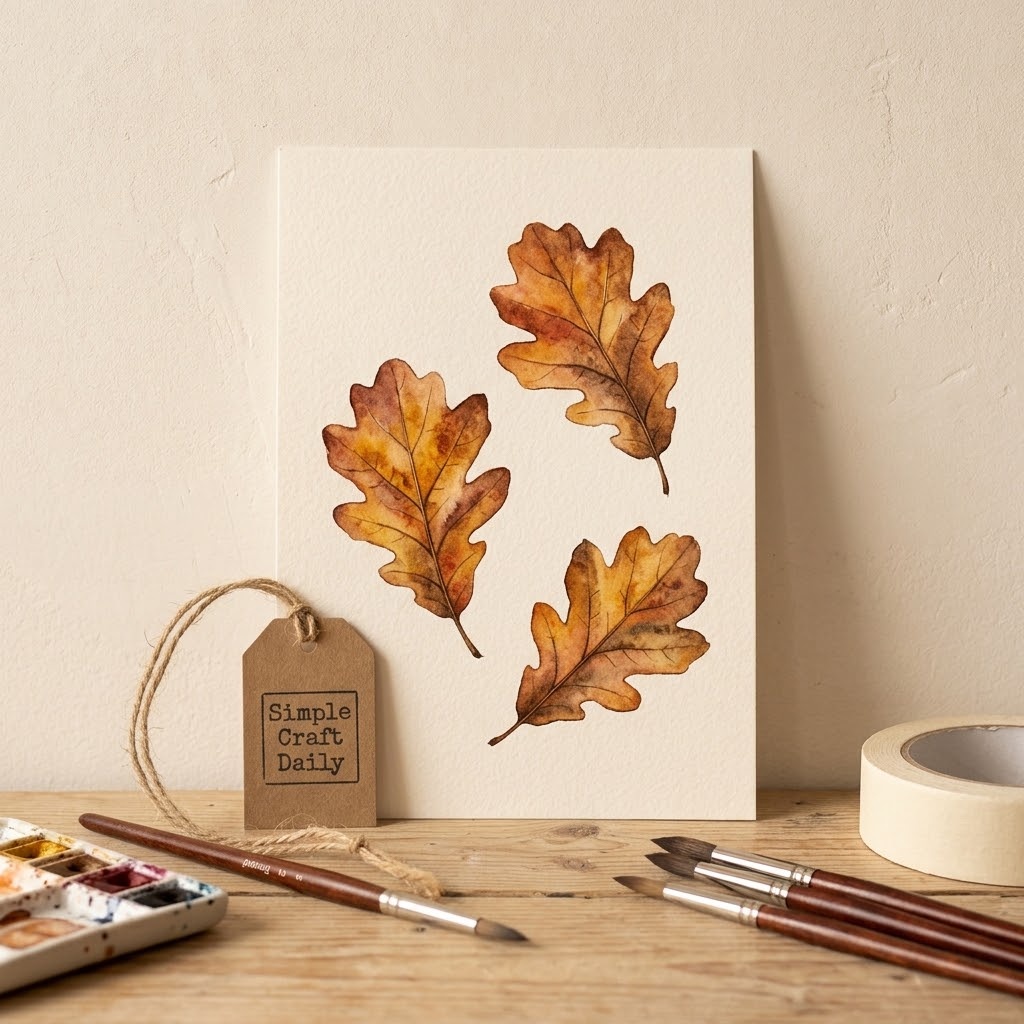 DIY autumn watercolor ideas with three copper oak leaves painted on smooth cream paper.