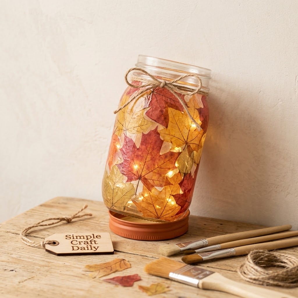 Decoupaged maple leaf DIY fall mason jar glowing with warm white LED lights