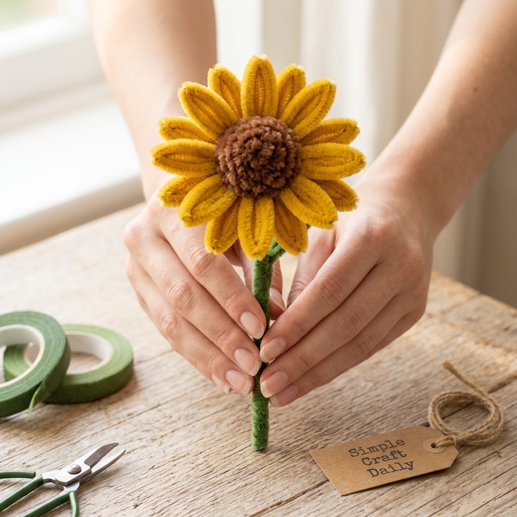 Golden DIY pipe cleaner flowers arranged as a sunflower with layered yellow petals