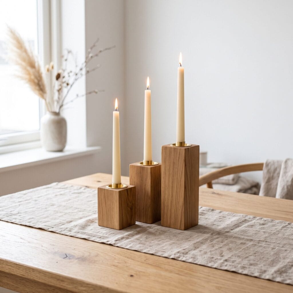 Three minimalist solid oak block candle holders cut to staggered heights, each fitted with a brass candle cup and tall cream taper candles.