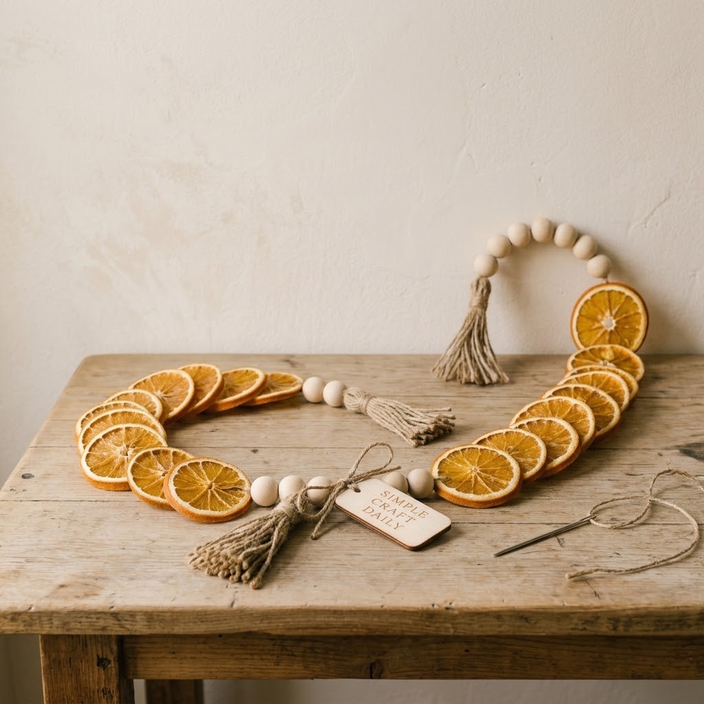 DIY fall decorations orange slice garland with natural wood beads