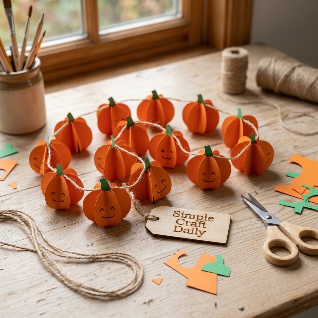 DIY cute Halloween decorations featuring a folded orange paper pumpkin garland