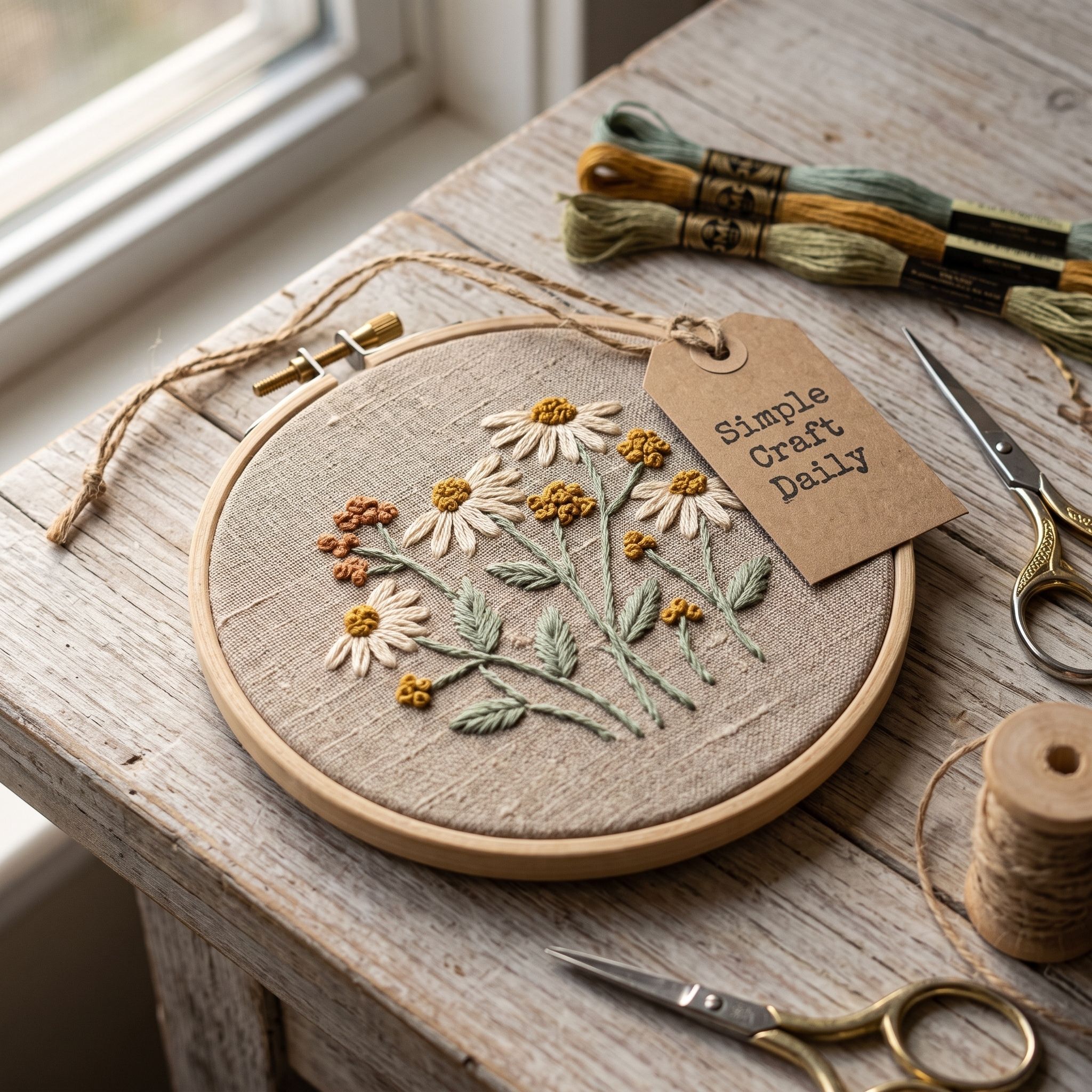 Terracotta and cream wildflowers stitched in a bamboo hoop on warm linen