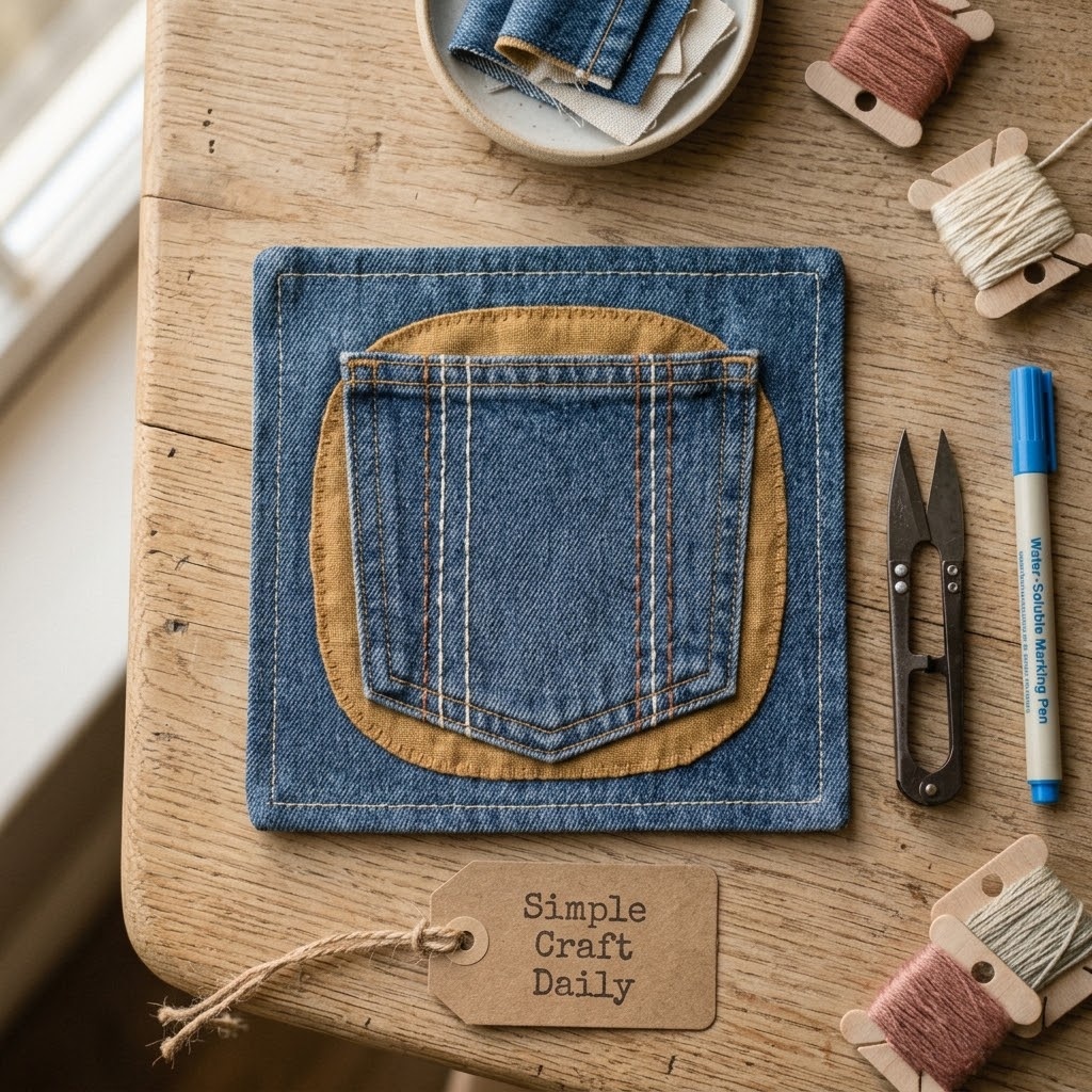 Slow stitching projects visible mend patch reinforcing a worn denim pocket