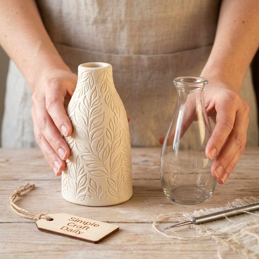 Ivory handmade clay bud vase cover with separate glass insert