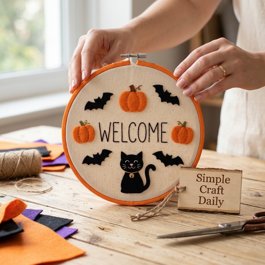 Cheerful felt Halloween welcome hoop with pumpkins bats and a black cat
