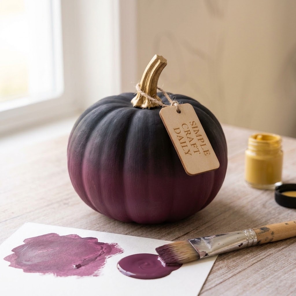Plum to black ombre painted pumpkin with a metallic gold stem