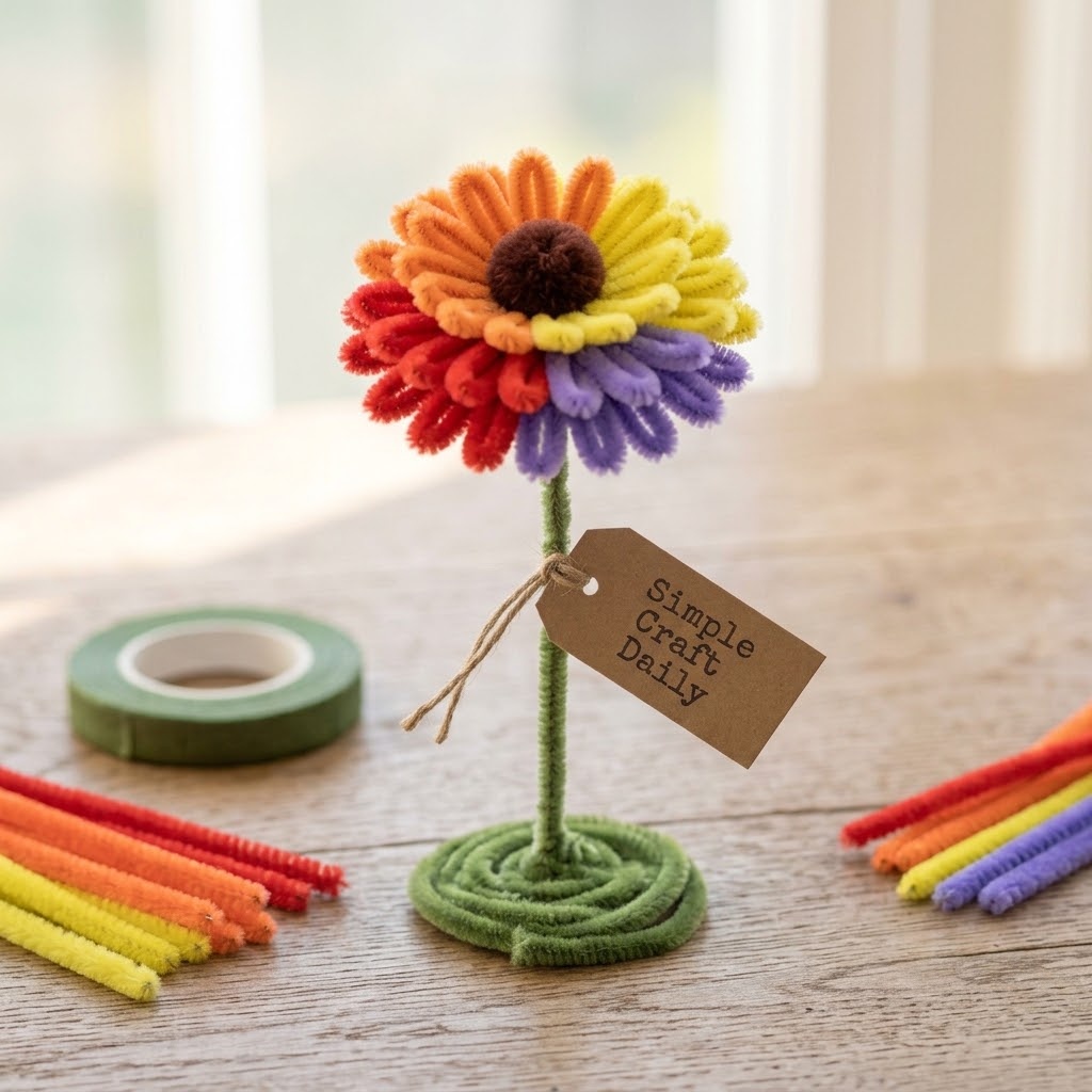 Rainbow chenille gerbera daisy with colorful petals and brown pom pom center