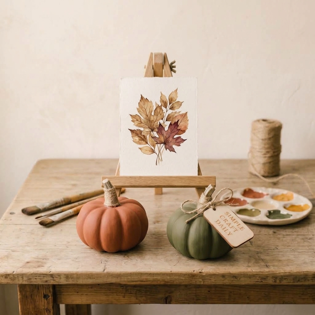 Autumn-themed craft table setup featuring terracotta and olive green decorative pumpkins, paintbrushes, paint palette, and a small wooden easel displaying a watercolor painting of autumn leaves.