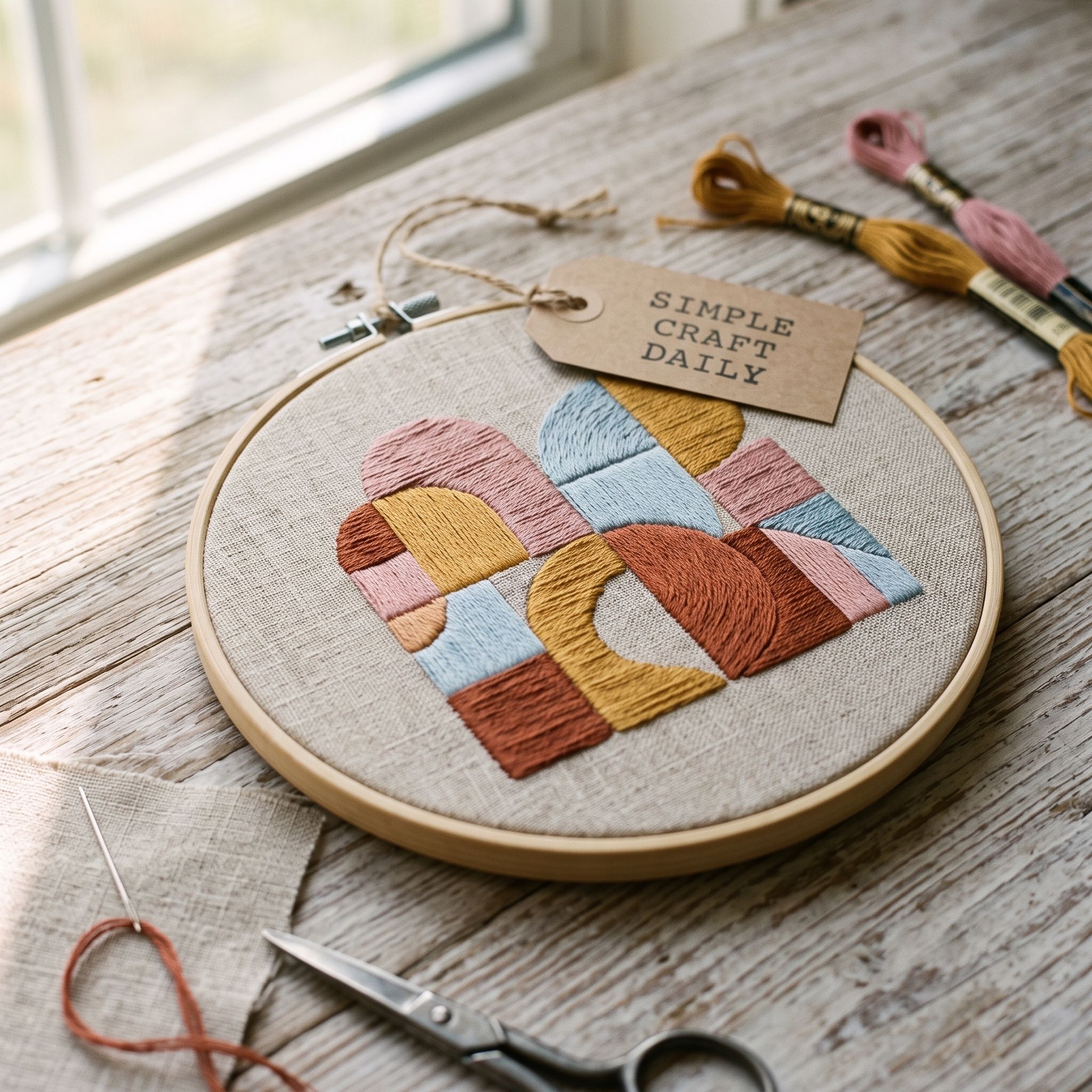Muted dusty rose, blue, mustard, and rust stitched arches on linen