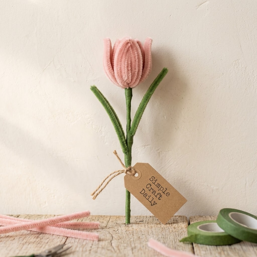 Blush pink DIY pipe cleaner flowers shaped into cupped tulips on green stems